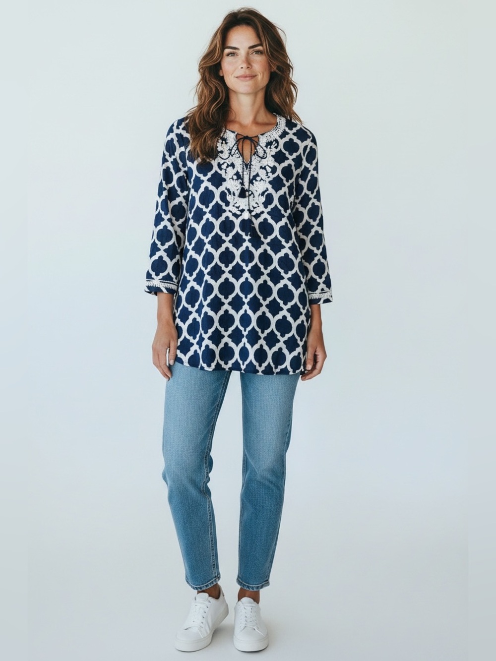 Talbots Navy and White Embroidered Beaded Geometric Tunic Top